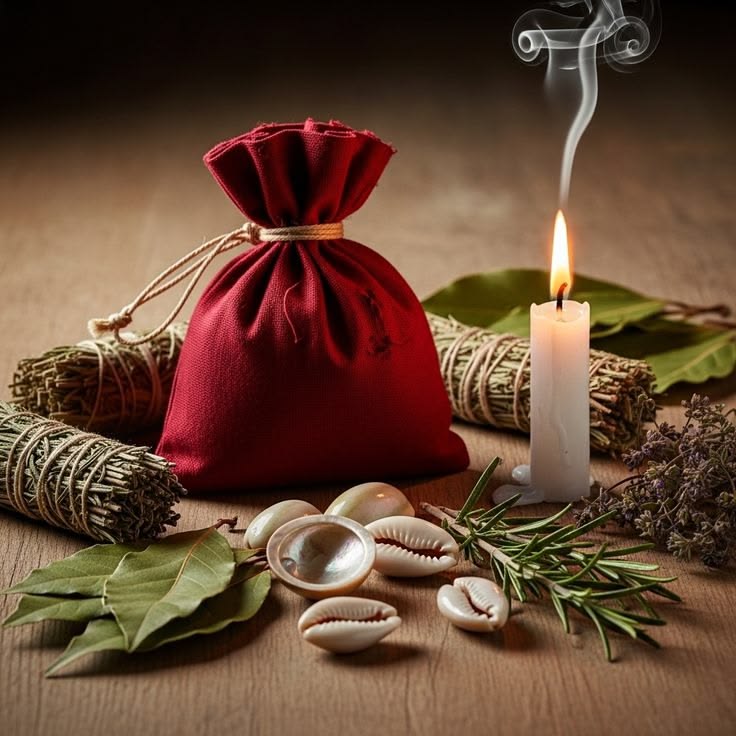 Sachet rouge, plantes, bougie et cauris