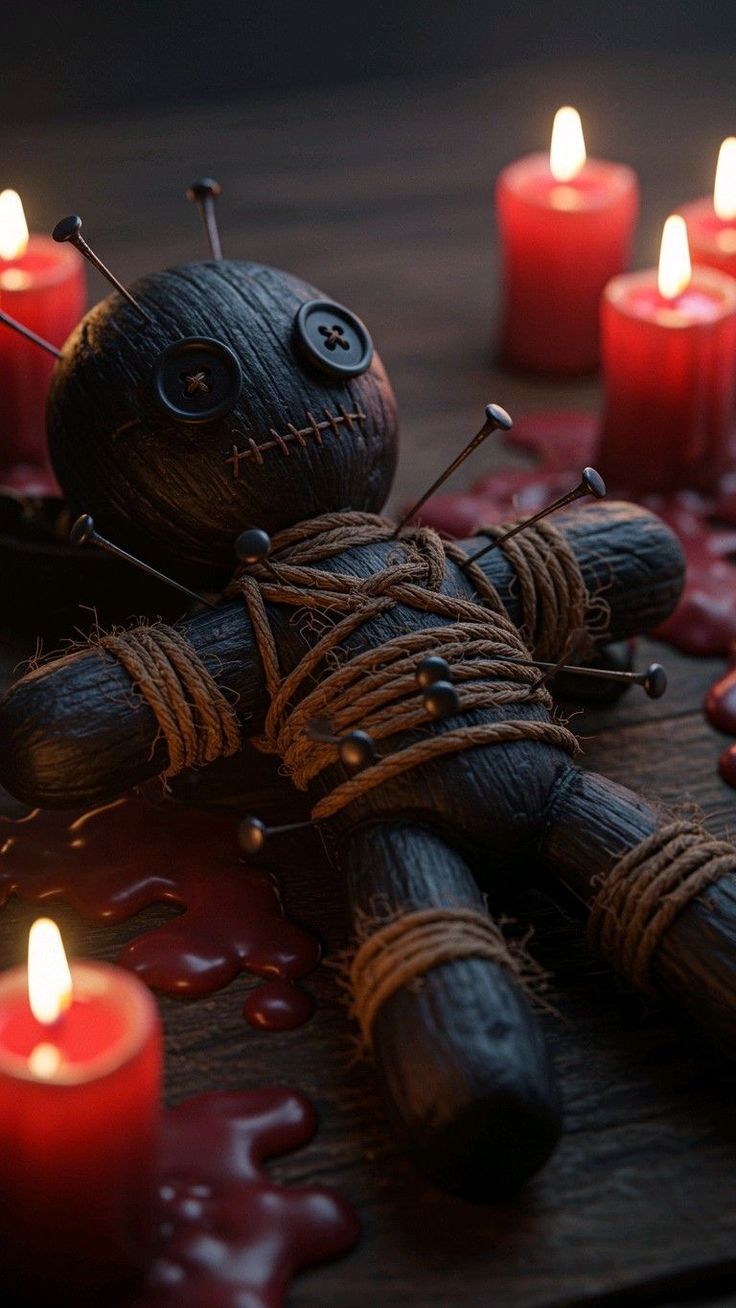 Poupée rituelle entourée de bougies rouges